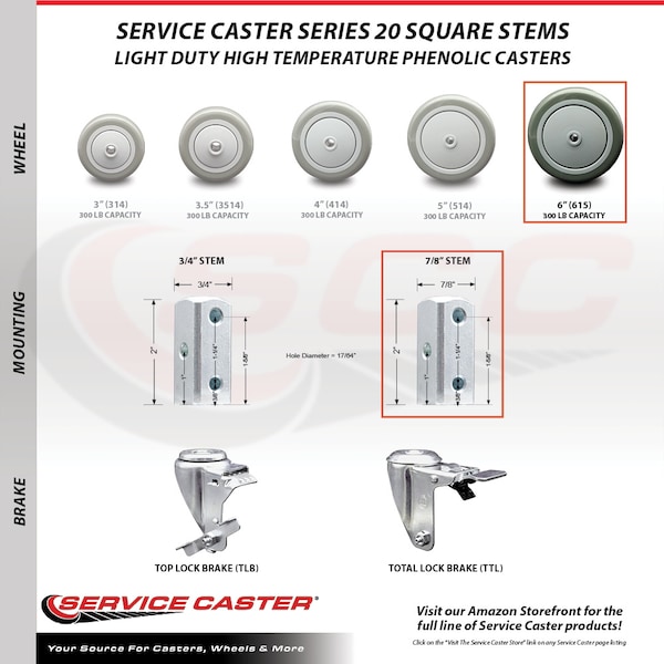 Service Caster 6 Inch Gray Polyurethane Wheel Swivel 7/8 Inch Square Stem Caster Set SCC SCC-SQ20S614-PPUB-GRY-78-4 - main